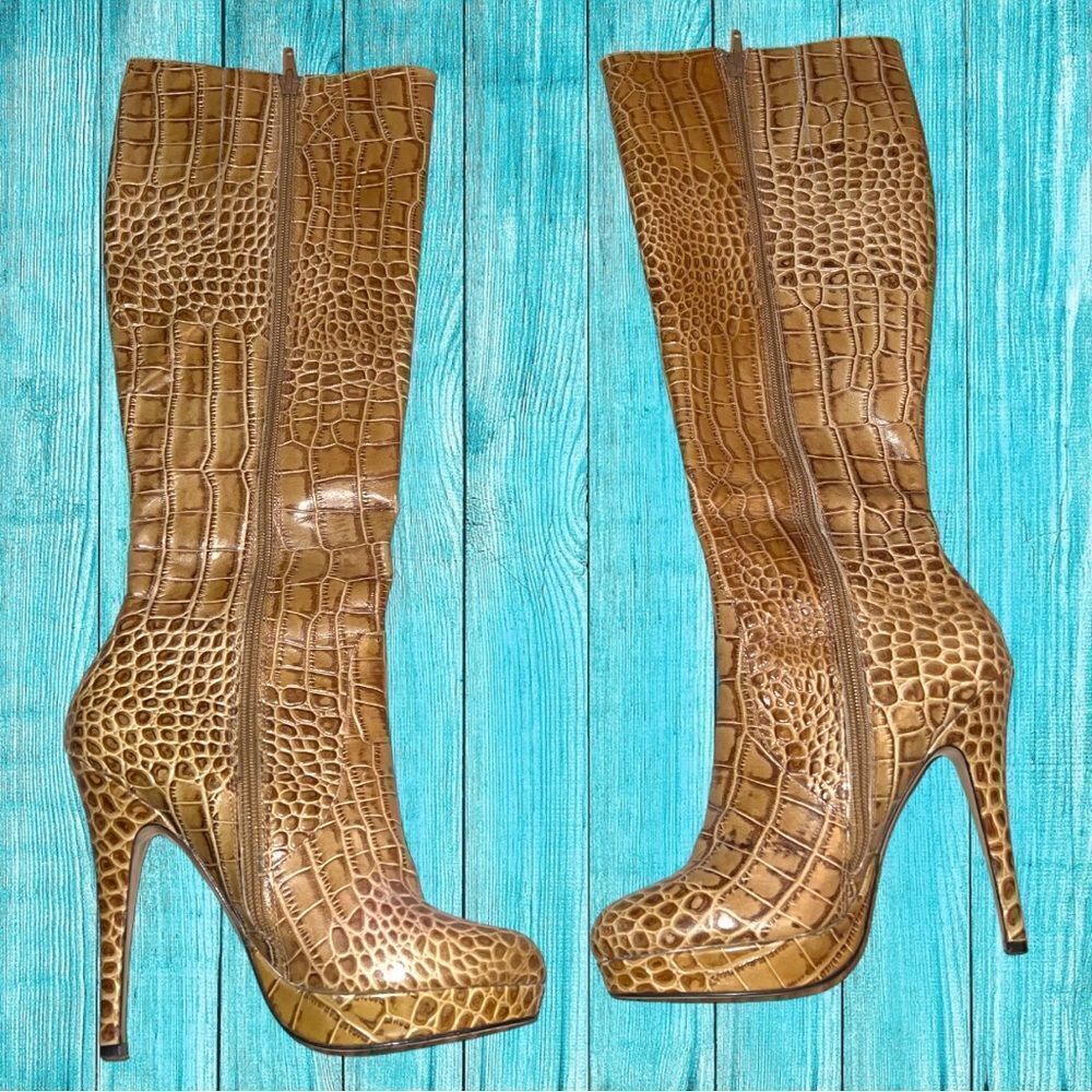 Charles by Charles David tan faux animal print knee high side zip boots - Picture 3 of 7